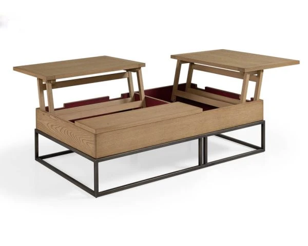 Table Basse Métal Chêne Massif "San Francisco" Plateaux Retour Gauche – Image 2
