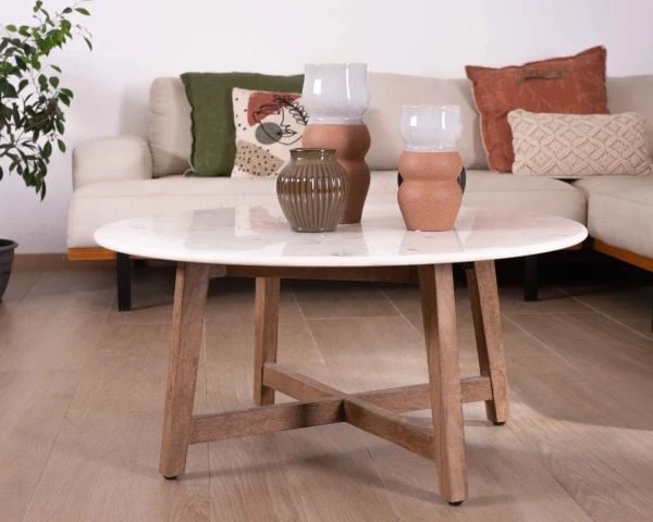 Table Ronde Marbre 90 Cm Avec Pieds Obliques En Manguier Massif "Lor" – Image 2