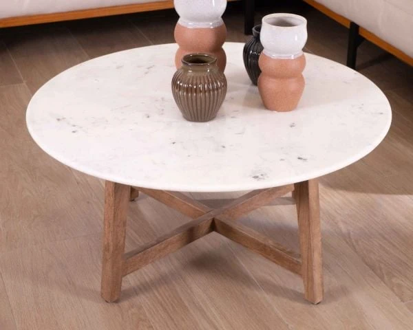 Table Ronde Marbre 90 Cm Avec Pieds Obliques En Manguier Massif "Lor" – Image 3