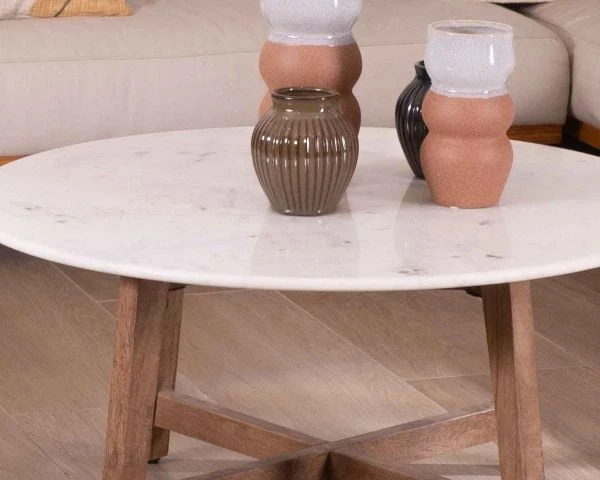 Table Ronde Marbre 90 Cm Avec Pieds Obliques En Manguier Massif "Lor" – Image 5