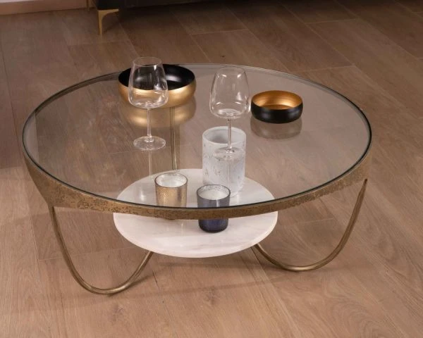 Table Basse Ronde Double Marbre, Laiton Gravé Et Verre "Gilt Antique" – Image 2