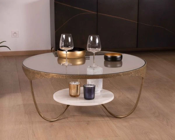 Table Basse Ronde Double Marbre, Laiton Gravé Et Verre "Gilt Antique" – Image 3