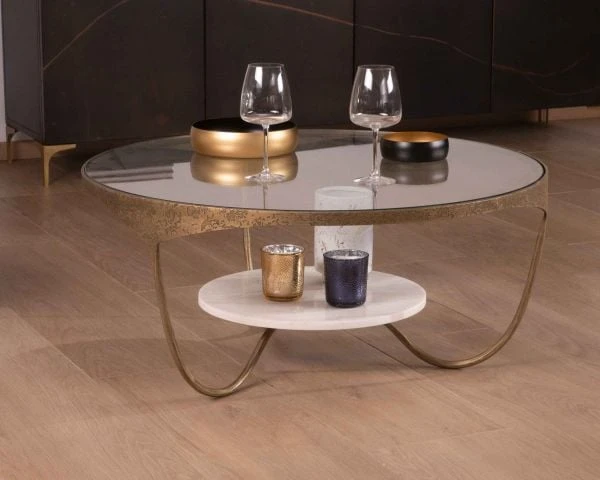 Table Basse Ronde Double Marbre, Laiton Gravé Et Verre "Gilt Antique" – Image 6